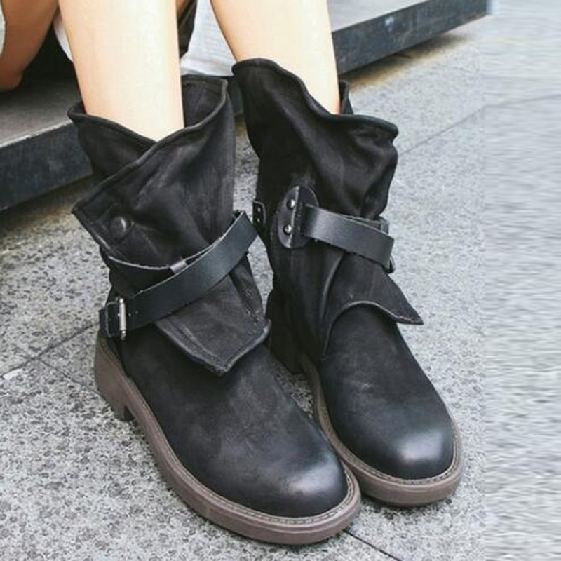 FASHION MEDIUM MILITARY BOOTS WOMEN BUCKLE ARTIFICIAL LEATHER PATCHWORK SHOES